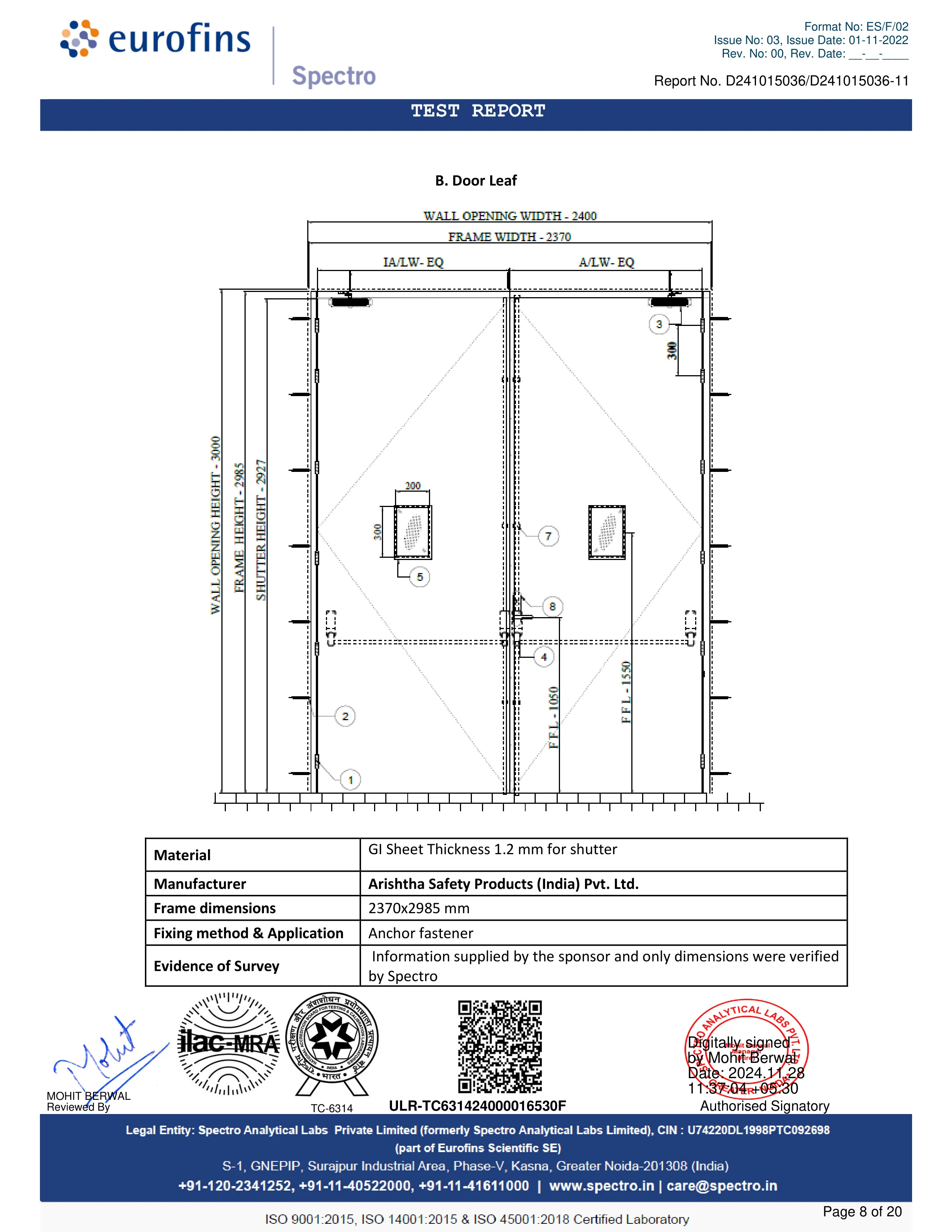 120 minutes Fire door Spectro Test Certified