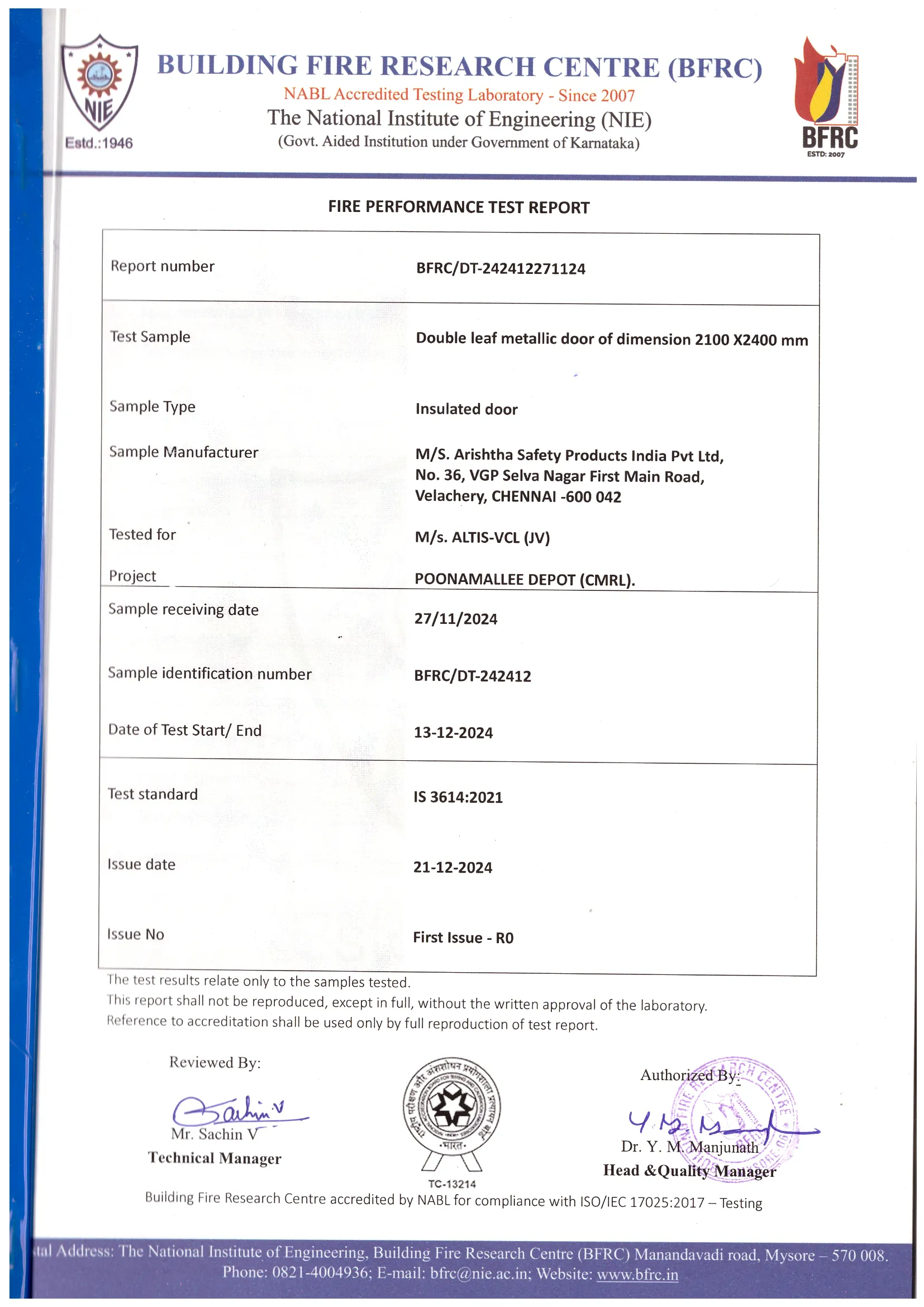 BFRC Fire door Test Certified