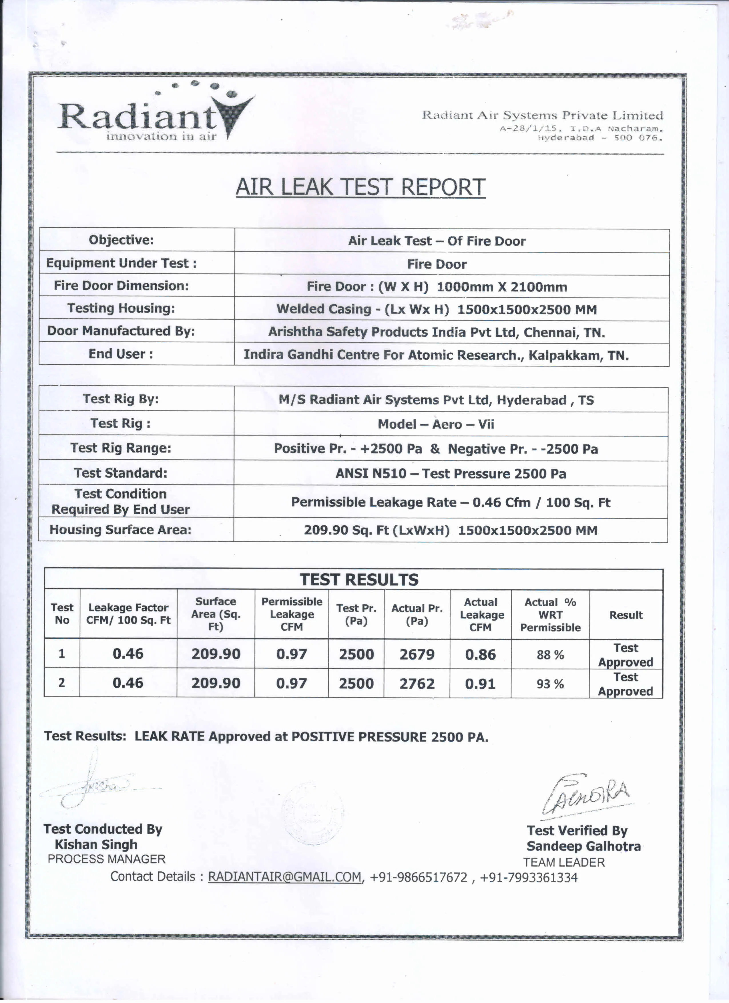 air leak radiant Test Certified